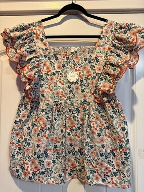 ODDI Floral Square-Neck Ruffle Sleeve Top in Cream with Coral and Teal